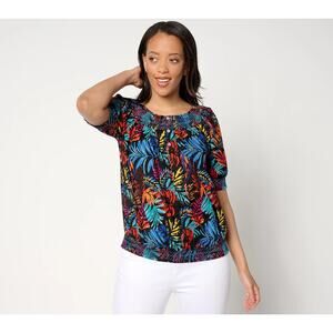 Destination 365 Printed Clip Jacquard Top with Smocked Detail Womens Size 2X